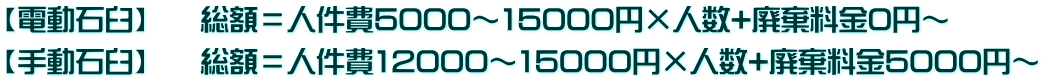 【電動石臼】 総額=人件費5000~15000円×人数+廃棄料金0円~ 【手動石臼】 総額=人件費12000~15000円×人数+廃棄料金5000円~